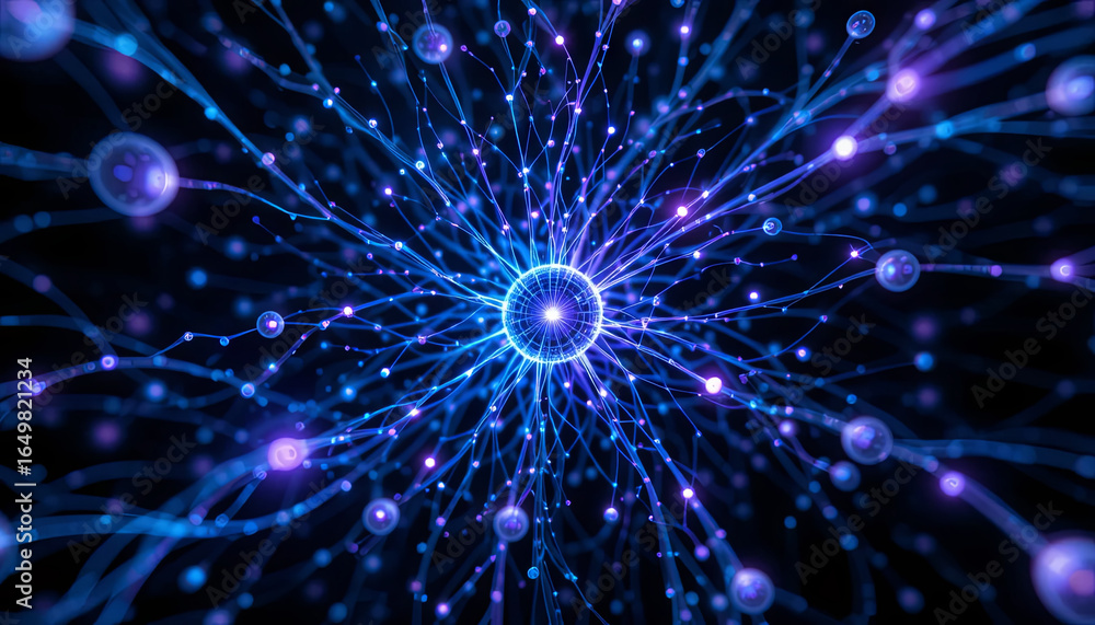 Poster bright intertwined blue lines and glowing nodes radiate from a central point, illustrating the compl