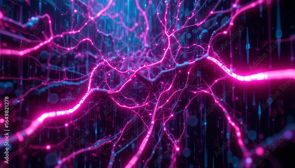 Poster bright pink and blue lines weave through a dark digital space, creating a dynamic network that pulse