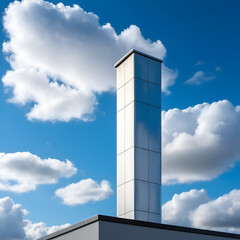 Obraz premium A sleek silver chimney against a bright blue sky with fluffy clouds, highlighting modern architecture.