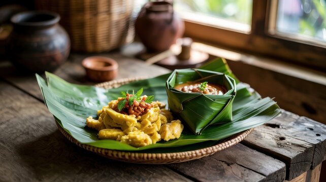 A traditional Ugandan dish made from "Matuke and bent sauce". Traditional Ugandan cuisine is in the background.