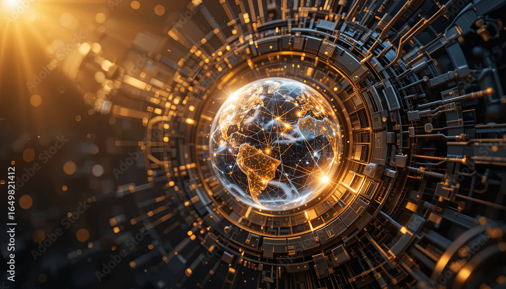 Poster a detailed digital representation of earth glowing with interconnected lines amid a futuristic backd