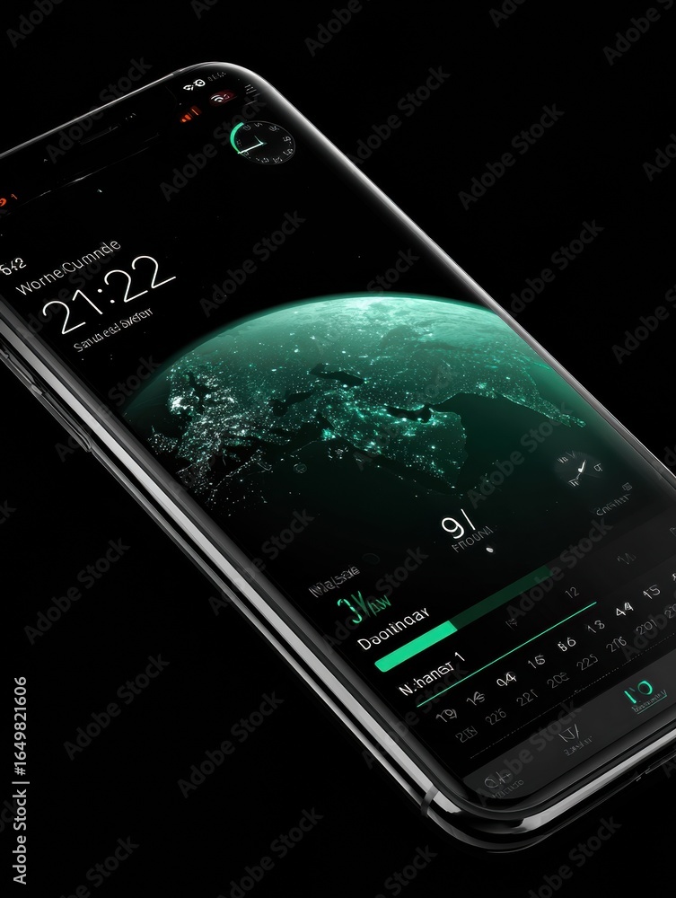 Aufkleber smartphone displaying a world map with digital weather information and time in a dark aesthetic envi