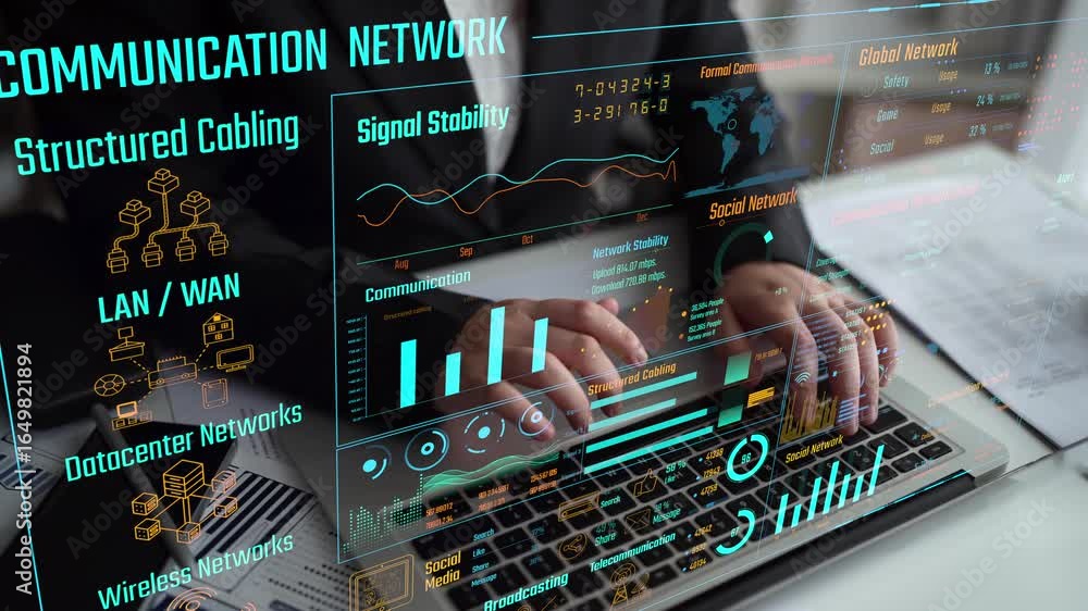 Poster Data center monitoring dashboard visualize network performance, connection status, usage rate, and telecommunication insight. Data center monitoring efficiency improvement network transparency. Thunk