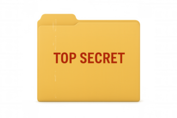 Yellow folder labeled top secret containing confidential information, isolated on transparent background