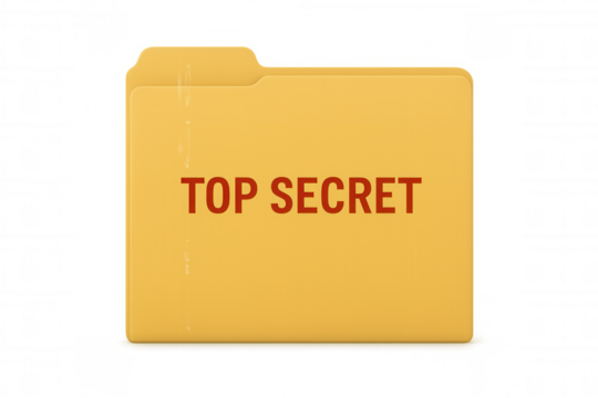 Yellow folder labeled top secret containing confidential information, isolated on transparent background