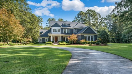 Luxury home, tree-lined driveway, autumn, sunny day, real estate listing