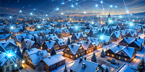 A picturesque winter scene of a town blanketed in snow at night. Houses are aglow with warm lights while a network of connections represents technological integration across the landscape
