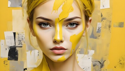A woman's face is painted with yellow strokes, showcasing artistic beauty.
