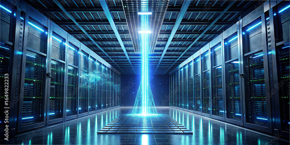 Poster high-tech data center features rows of servers with bright blue lights. energy beams emanate from ab