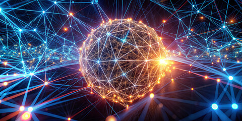 Fototapeta premium A vibrant cosmic environment showcases intricate networks of light and energy, representing the digital connections in modern technology