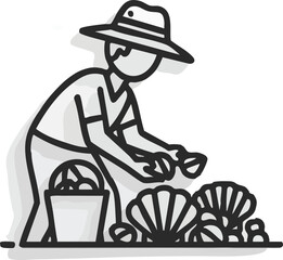 Fototapeta premium Stylized illustration of a person hand-gathering fresh scallops, a concept of sustainable seafood harvesting and coastal lifestyle.