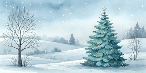 Watercolor winter landscape with snow falling on a decorated Christmas tree and bare trees