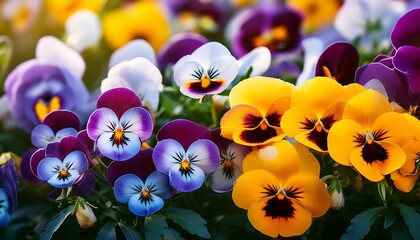 vibrant multicolored pansies in bloom purple yellow and white flowers