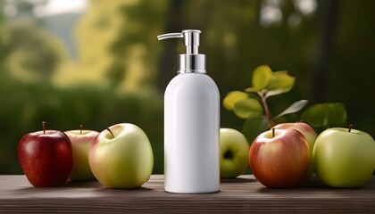 close up product photography of a white scented pump bottle with fresh apple background