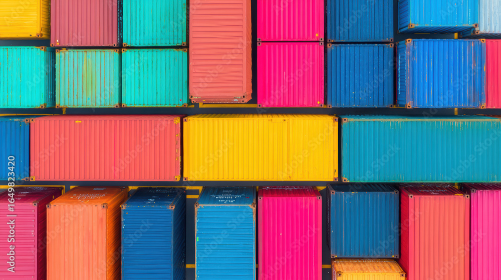 Poster a vibrant stack of colorful shipping containers arranged in a neat grid, showcasing a mix of bright 