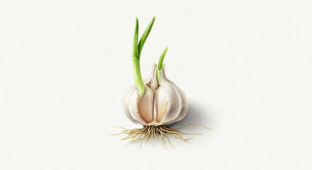 A detailed watercolor illustration of a single plump garlic bulb with green sprouts and roots, showing new life and growth on a white background.