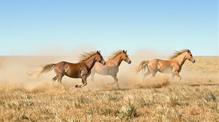 Fototapeta premium Wild Horses Running through Sunlit Plains