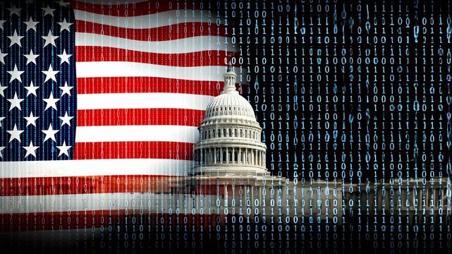 United States Capitol with American flag and binary code overlay symbolizing cyber security and politics