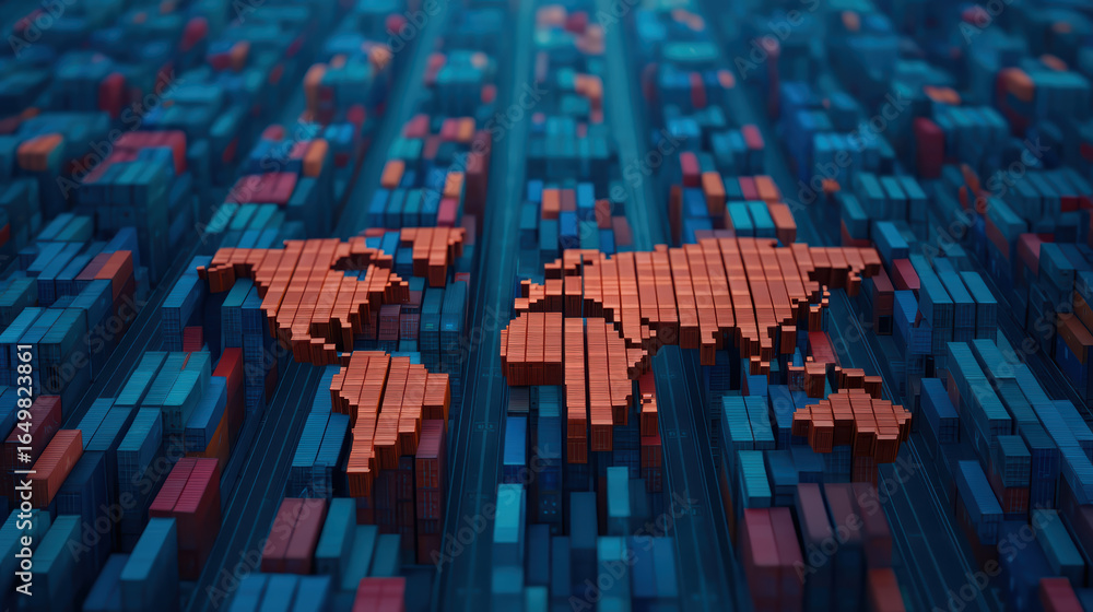Poster A vibrant digital representation of a world map made from shipping containers, emphasizing global trade and connectivity.