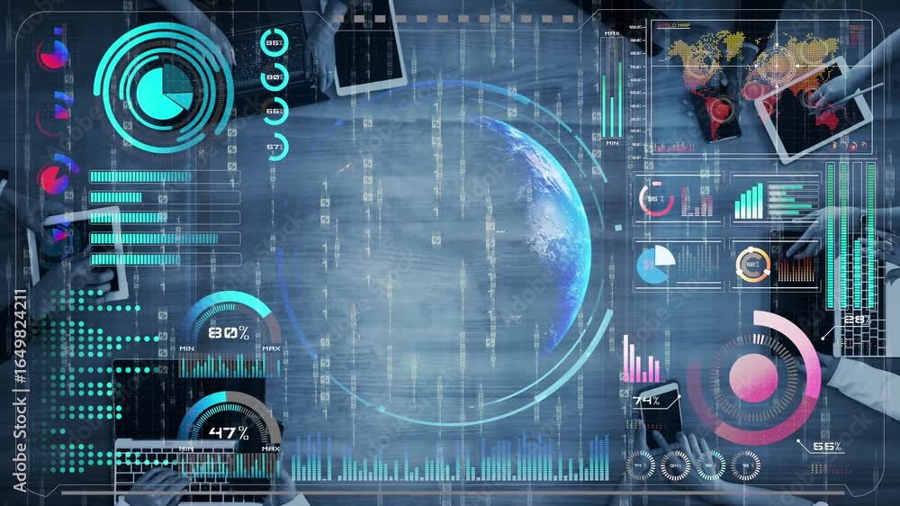 Poster high-tech global network connection interface showing worldwide digital communication, data exchange