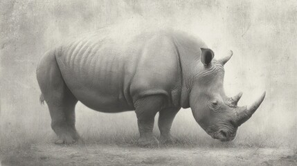 Fototapeta premium Grayscale image of a rhinoceros grazing, facing right, with a dusty, weathered filter