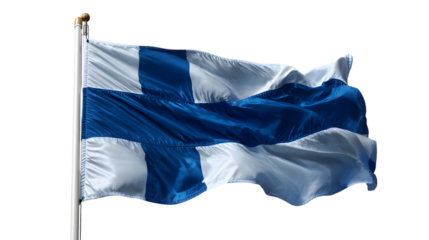 A waving finnish flag on a flagpole against a black background in a patriotic display of freedom