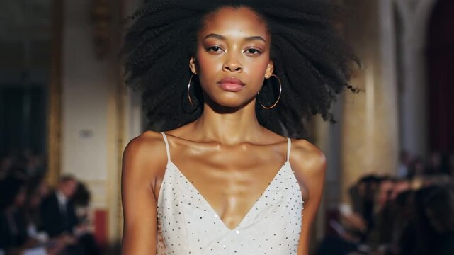 beautiful african american woman young model walks catwalk in dress high fashion - Powered by Adobe