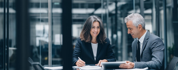 Two business professionals collaborating on a project silhouette