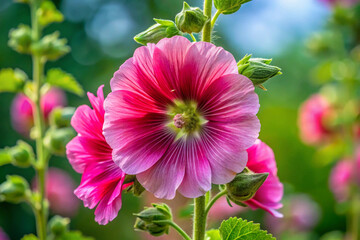 Vibrant pink hollyhock flower isolated on transparent background