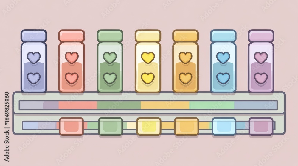 Poster colorful jars filled with hearts on a pastel background arranged in a neat line with colorful slider