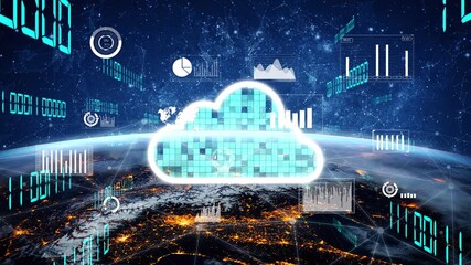 Captivating digital illustration of a cloud representing data visualization over a global network, showcasing various graphs and charts that symbolize technological progress. Xenic - Powered by Adobe