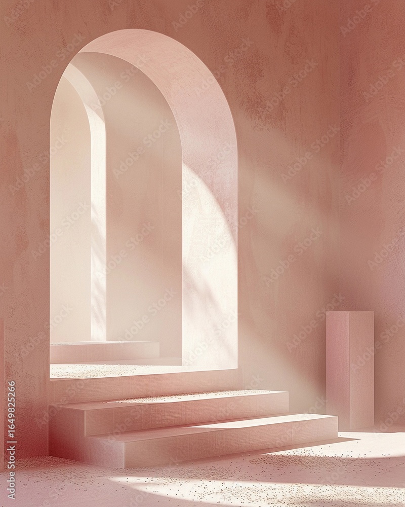 Poster soft light filters through archways in a serene architectural space with steps, creating a warm and 
