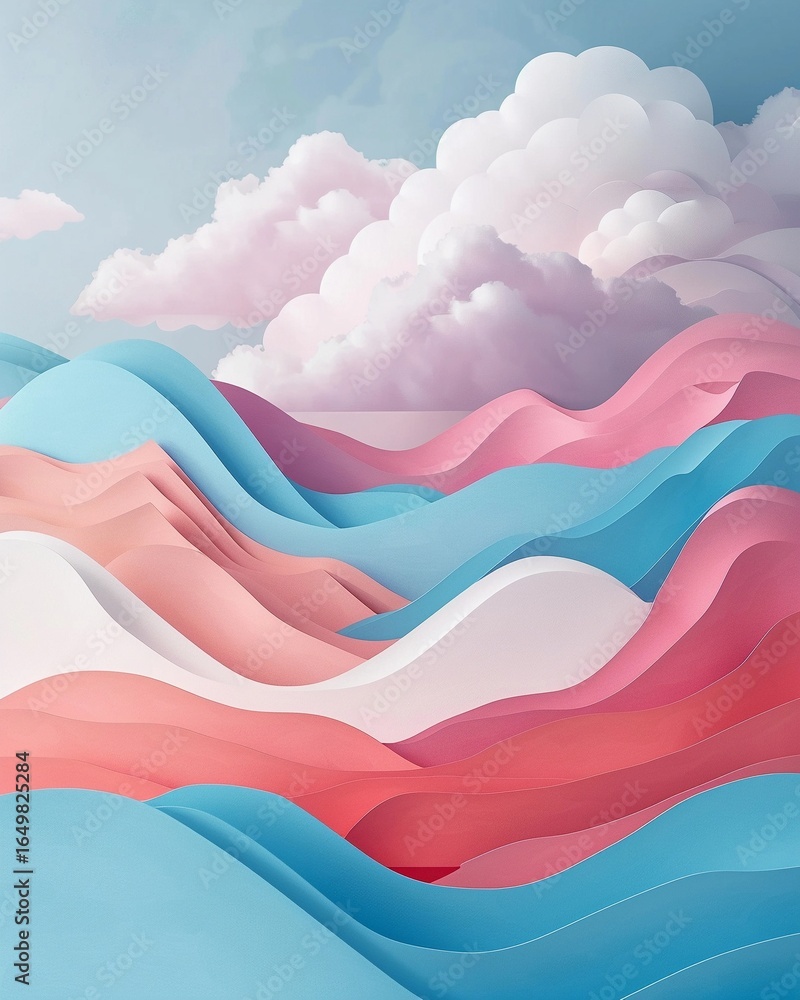 Poster vibrant waves of pastel colors undulating under a serene sky with soft clouds creating a dreamy land