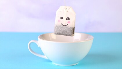 A cute teabag with a smiling happy face hanging in a white cup, ready for a cheerful morning brew on a blue background.