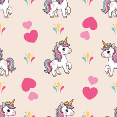 Trendy seamless pattern with unicorns and hearts. Vector illustration for textile print , background, wallpaper, decorative paper and other design.