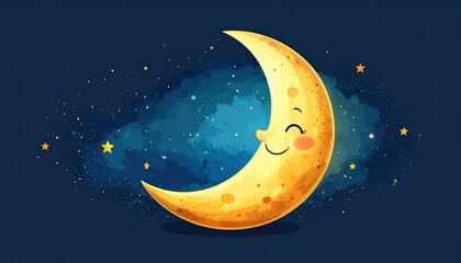 Cute smiling crescent moon character in the starry night sky. Whimsical children's vector illustration for bedtime or lullabies.
