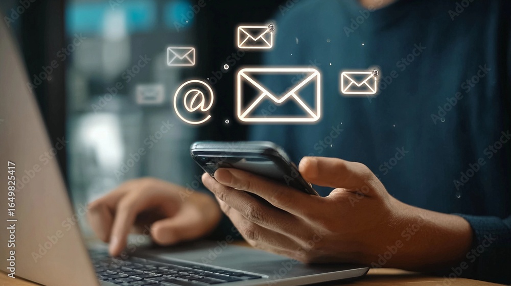 Poster man using smartphone while working on laptop in modern office setting with email notifications appea