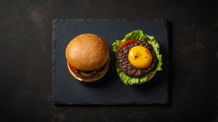 A top down view of two burgers one assembled and one open faced with an egg on a black slate