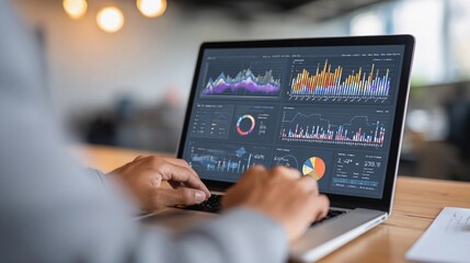 Analyst studying business performance metrics using data visualization on a laptop in a modern office setting