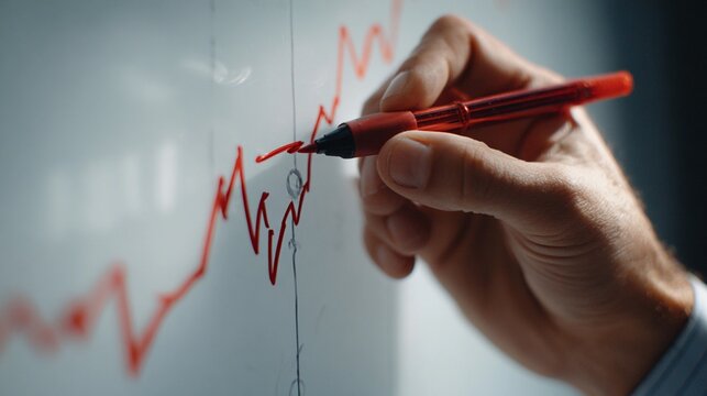 Market analyst drawing financial trends on a whiteboard during a business meeting in a modern office environment
