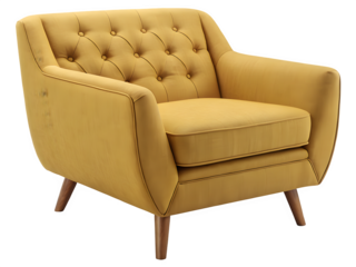 Mid century modern yellow upholstered armchair isolated on transparent background