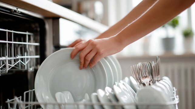 Loading clean dishes into a modern dishwasher in a bright kitchen with natural light coming through the window
