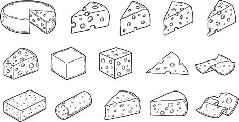 Cheese icons set, various types and shapes, wedges, blocks, slices, rounds, dairy product, food, culinary vector illustration