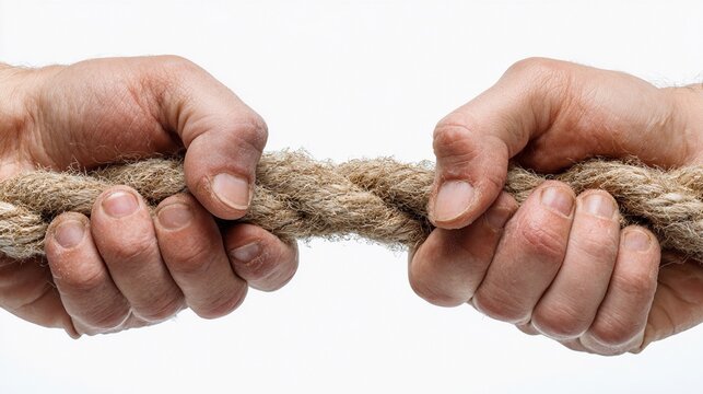 Hands gripping a thick rope tightly in a competition, symbolizing strength and determination during a tug-of-war challenge