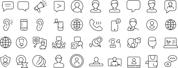 Communication line icons, business icons, chat symbols, user interface elements, digital communication, teamwork, mobile, web, network, support