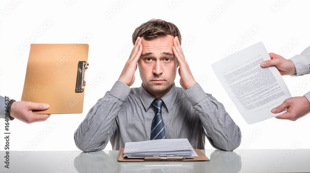 Poster stressed office worker overwhelmed with paperwork and deadlines while sitting at a desk, struggling 