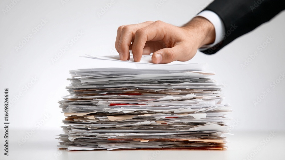 Poster busy office worker sorting through a large pile of documents and papers during a hectic workday in a
