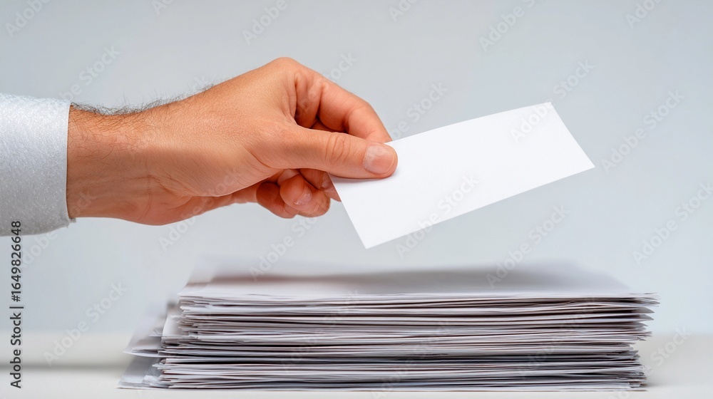 Poster hand placing a paper into a stack in a workspace during a productive afternoon