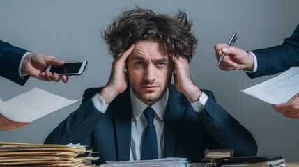 Professional man in suit appears overwhelmed by work demands in a busy office environment filled with documents, phones, and interruptions during a stressful workday
