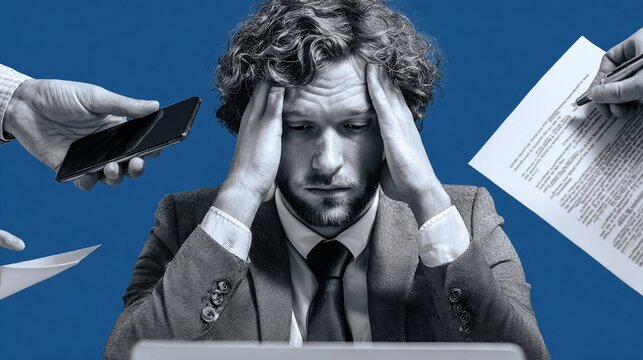Stressed businessman overwhelmed by work demands, papers, and mobile phone during a busy office environment